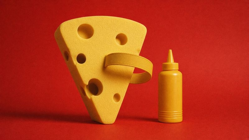 Parody product photo: yellow foam cheese-wedge shield and mustard bottle