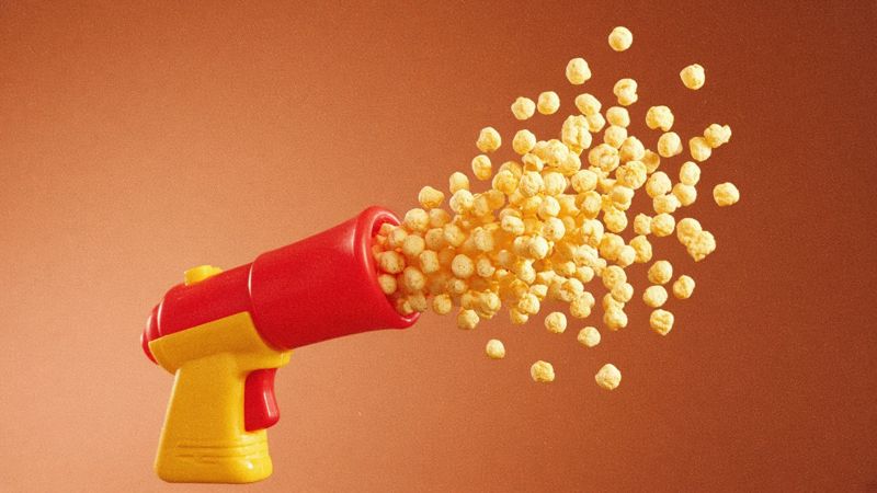 Parody product photo: yellow cheese-curd confetti cannon