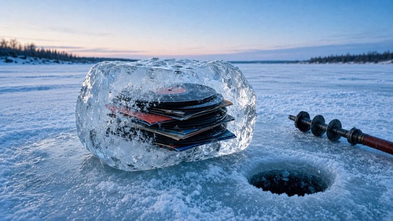 Parody product photo: stack of vinyl records on frozen lake ice