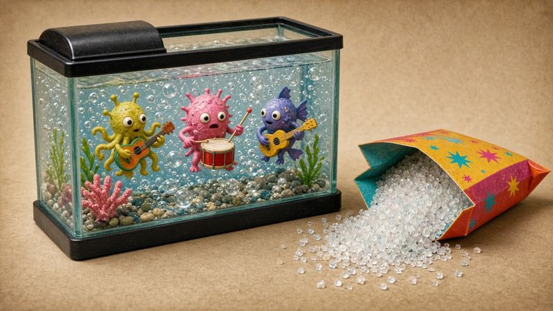 Parody product photo: fizzy tank of tiny cartoon creatures with instruments
