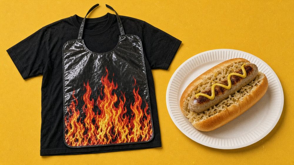 Parody product photo (generated): a red bib with a bratwurst on it