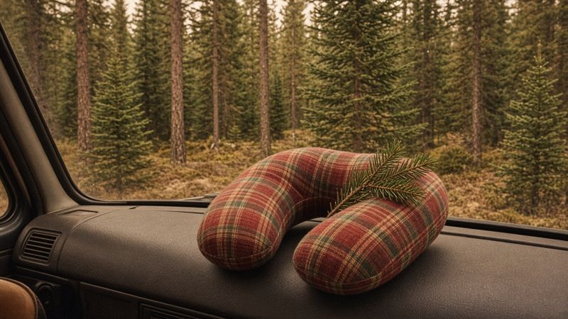 Parody product photo: plaid flannel neck pillow stuffed with pine needles