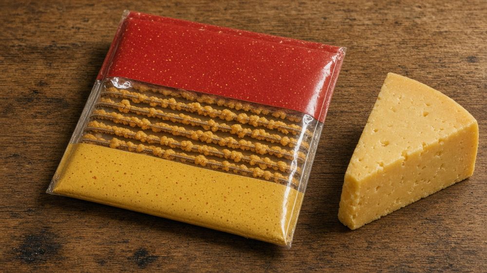 Parody product photo (generated): a pack of guitar strings with a wedge of cheese
