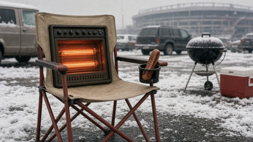 Parody product photo (generated): a green lawn chair with a guitar amp built into the back, sitting in snow